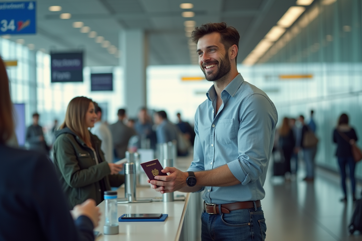 Homme français souriant au comptoir d