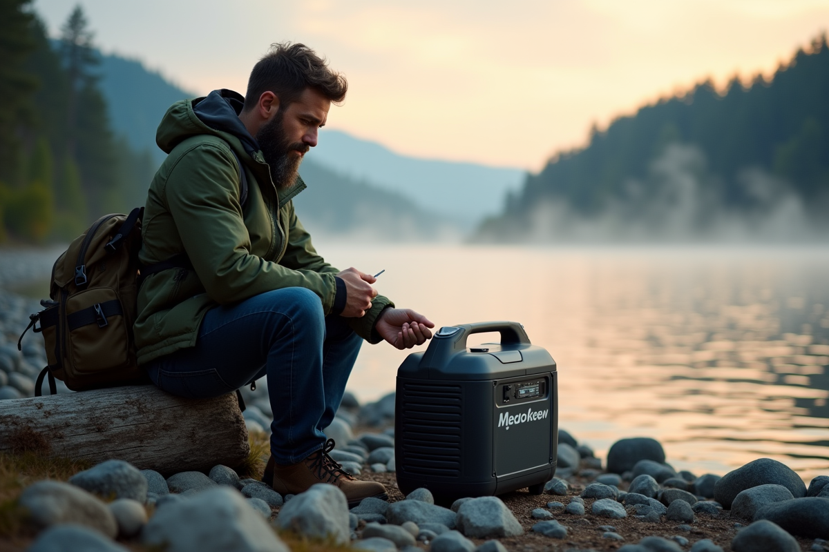 Homme avec générateur portable au bord du lac au lever du soleil
