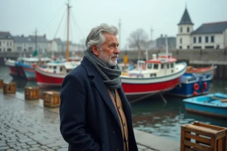 Homme d'âge moyen sur le quai de La Cotinière avec bateaux colorés