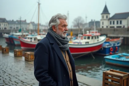 Homme d'âge moyen sur le quai de La Cotinière avec bateaux colorés