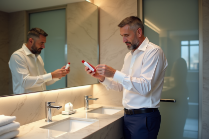 Homme d age moyen examine un tube de dentifrice dans une salle de bain moderne