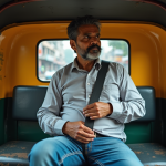 Homme indien en tuk tuk attachant sa ceinture de sécurité