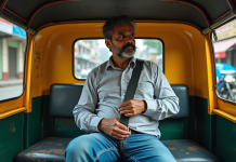 Homme indien en tuk tuk attachant sa ceinture de sécurité