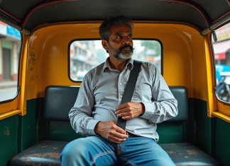 Homme indien en tuk tuk attachant sa ceinture de sécurité