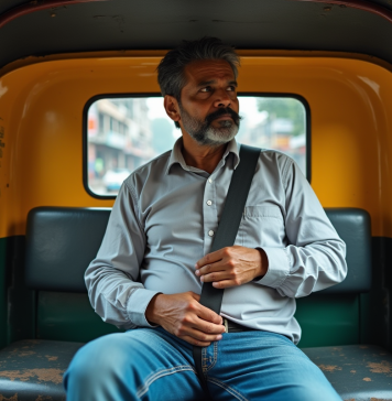 Homme indien en tuk tuk attachant sa ceinture de sécurité