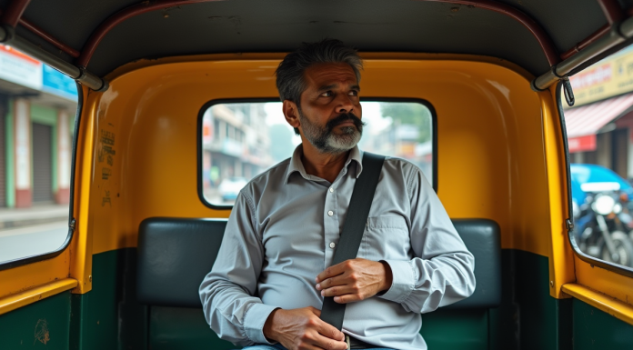 Homme indien en tuk tuk attachant sa ceinture de sécurité