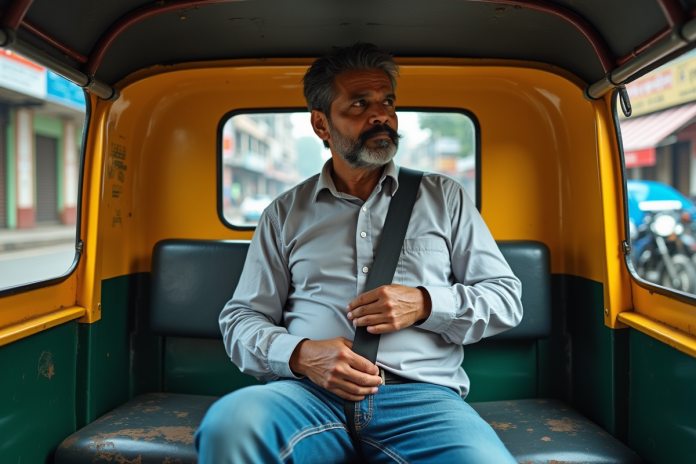 Homme indien en tuk tuk attachant sa ceinture de sécurité