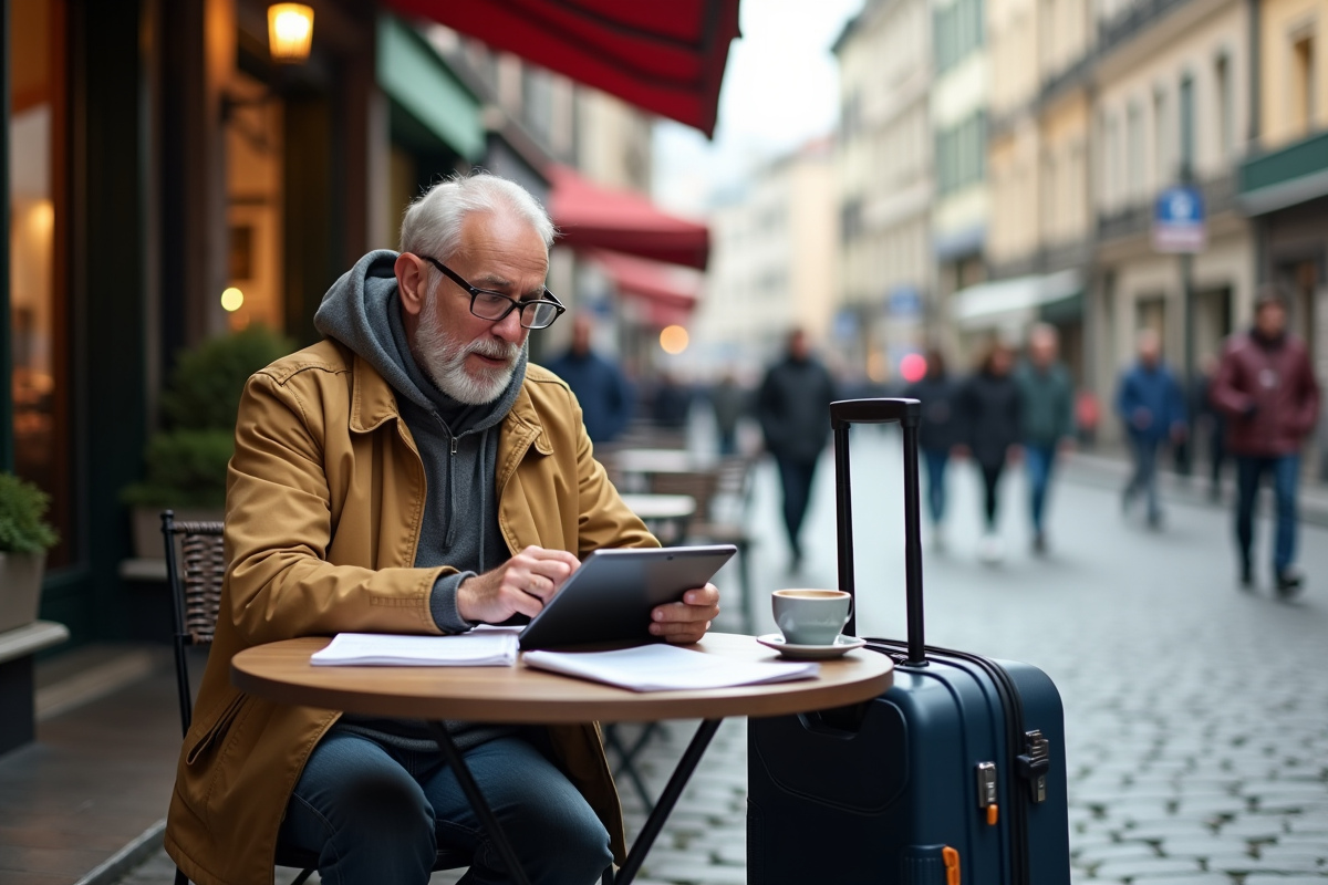 Homme âgé lisant documents santé à un café en ville