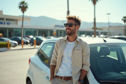 Homme souriant avec voiture de location à Palermo