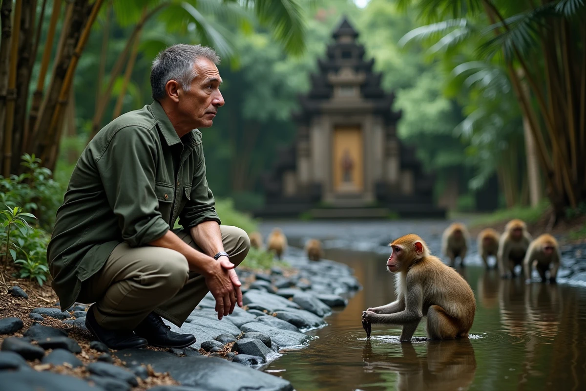 Homme accroupi observant des singes macaques au bord d'un cours d'eau dans la Sacred Monkey Forest de Bali