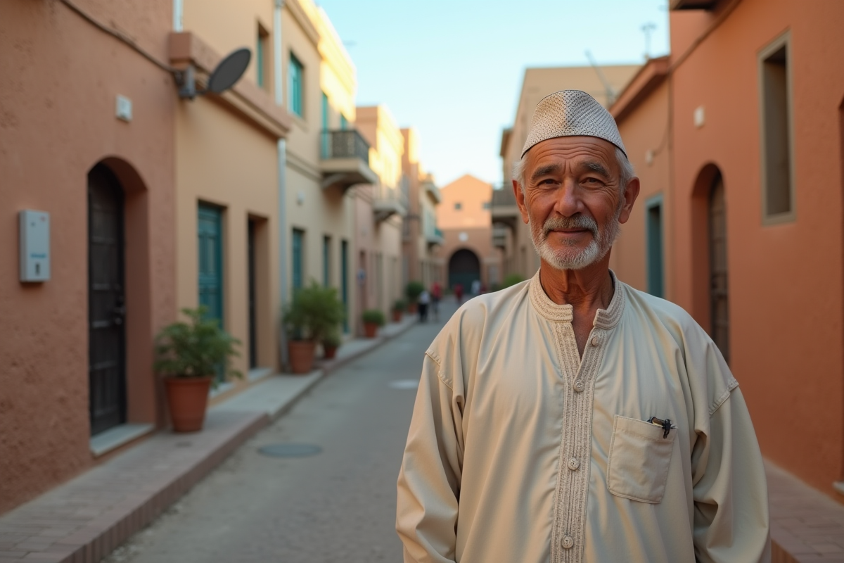 Homme marocain en djellaba dans un quartier d
