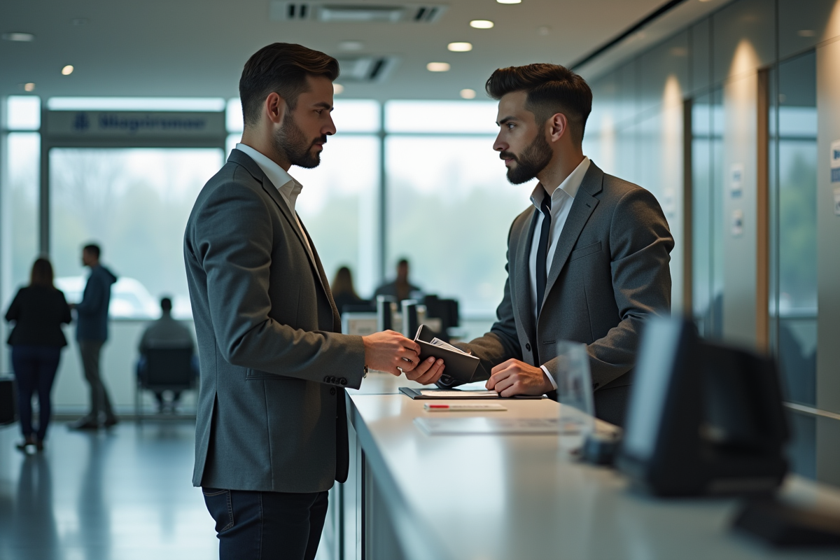 Jeune homme remettant son passeport au guichet