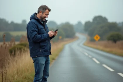 Homme d'âge moyen vérifiant une application sur smartphone en extérieur