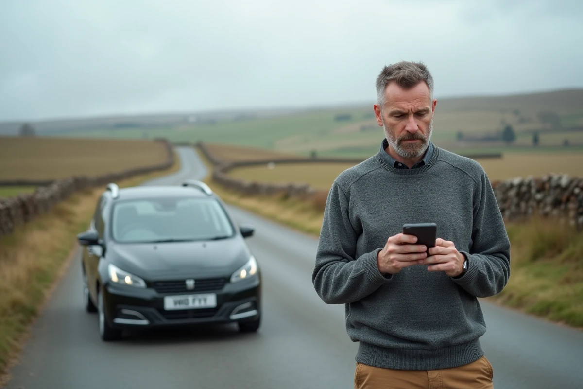 Homme debout au bord d'une route de campagne consultant une application GPS sur son téléphone pour trouver son itinéraire