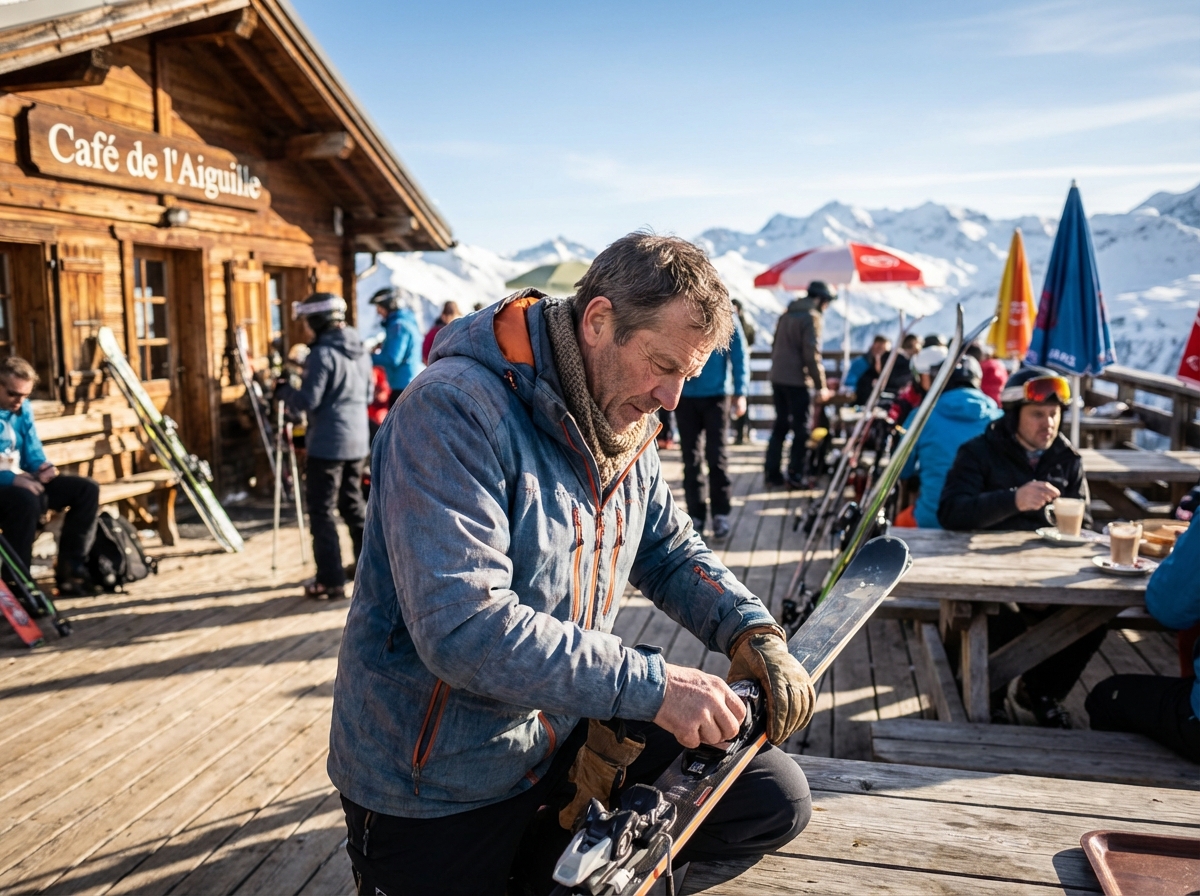Homme ajustant ses skis sur une terrasse de montagne ensoleillee