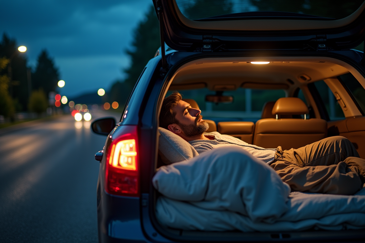 Homme se reposant dans une voiture sur l