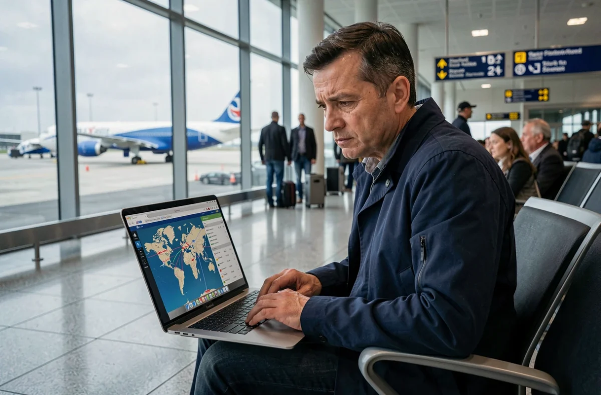 Homme utilisant un ordinateur portable pour suivre un vol en direct depuis un aéroport