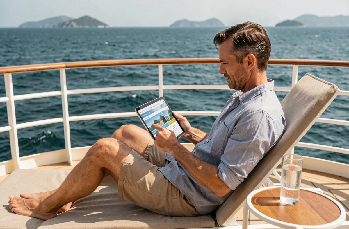 Homme consultant des offres de croisière sur tablette depuis le pont d'un bateau en mer, recherche croisière vol inclus en ligne