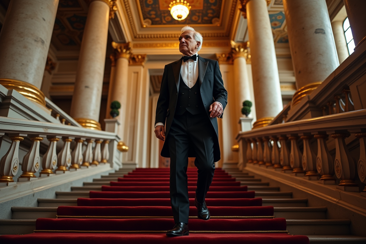 Homme en tuxedo descendant un escalier historique luxueux