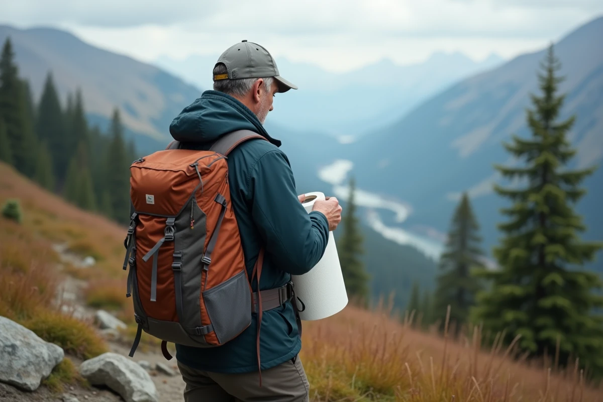 Homme en pleine nature avec papier toilette biodégradable