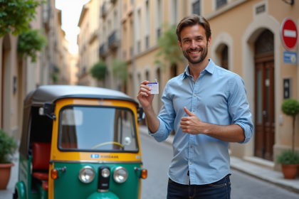 Homme souriant tenant un permis français près d'un tuk tuk coloré