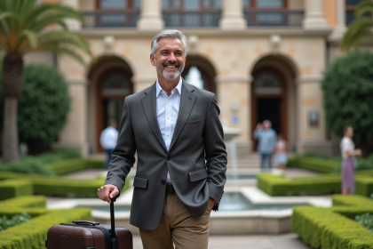Homme souriant en voyage dans un jardin d'hôtel élégant