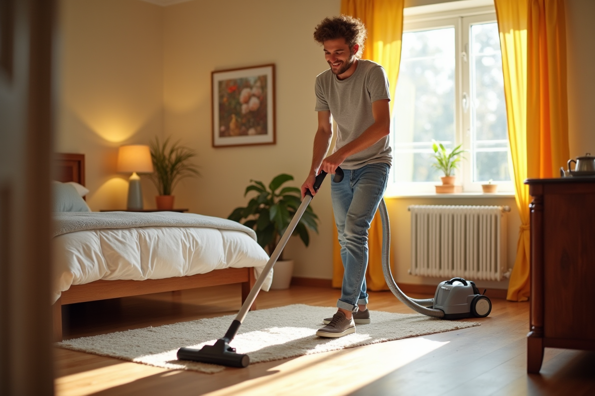 Hôte amical aspirant dans une chambre accueillante