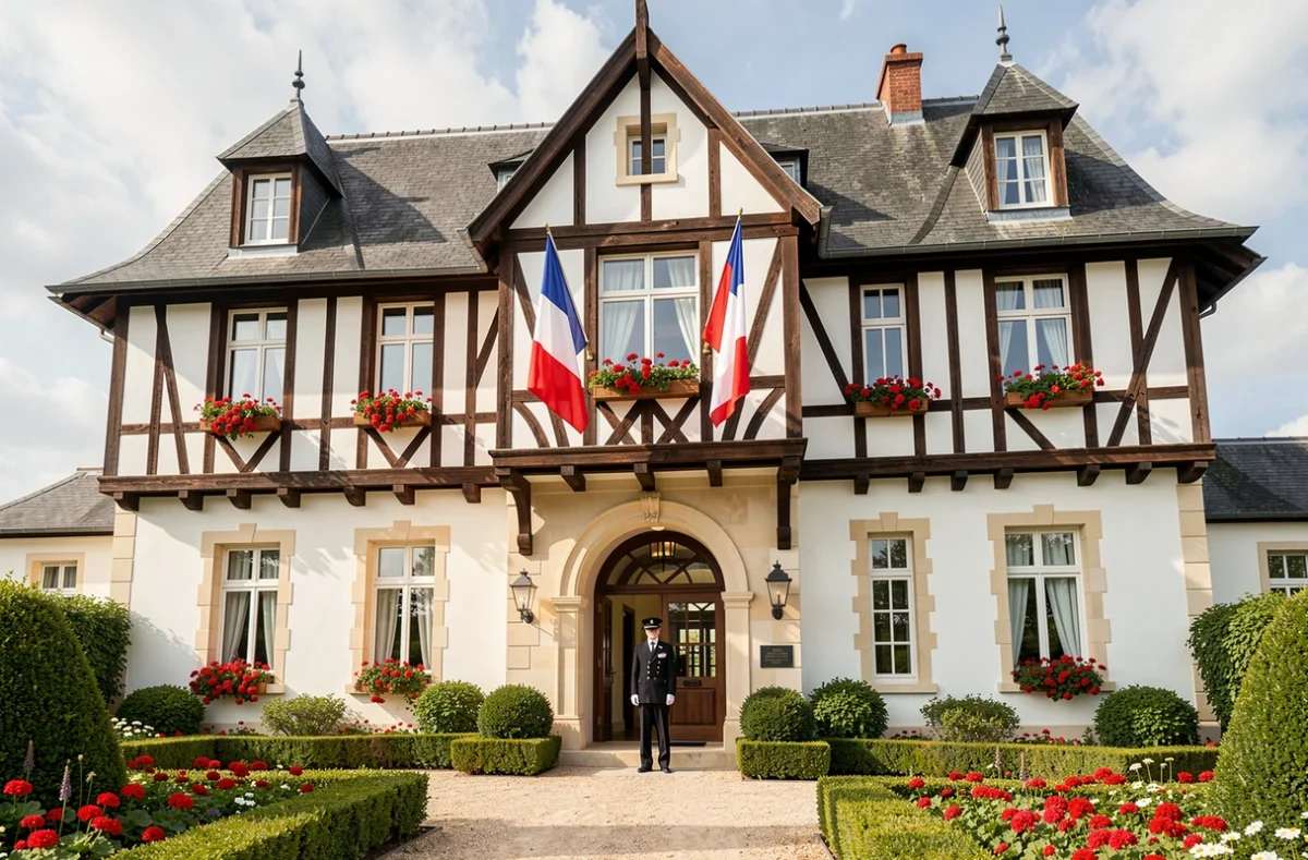 Façade emblématique de l'Hôtel Barrière Le Normandy à Deauville avec ses colombages normands, géraniums rouges et portier en uniforme