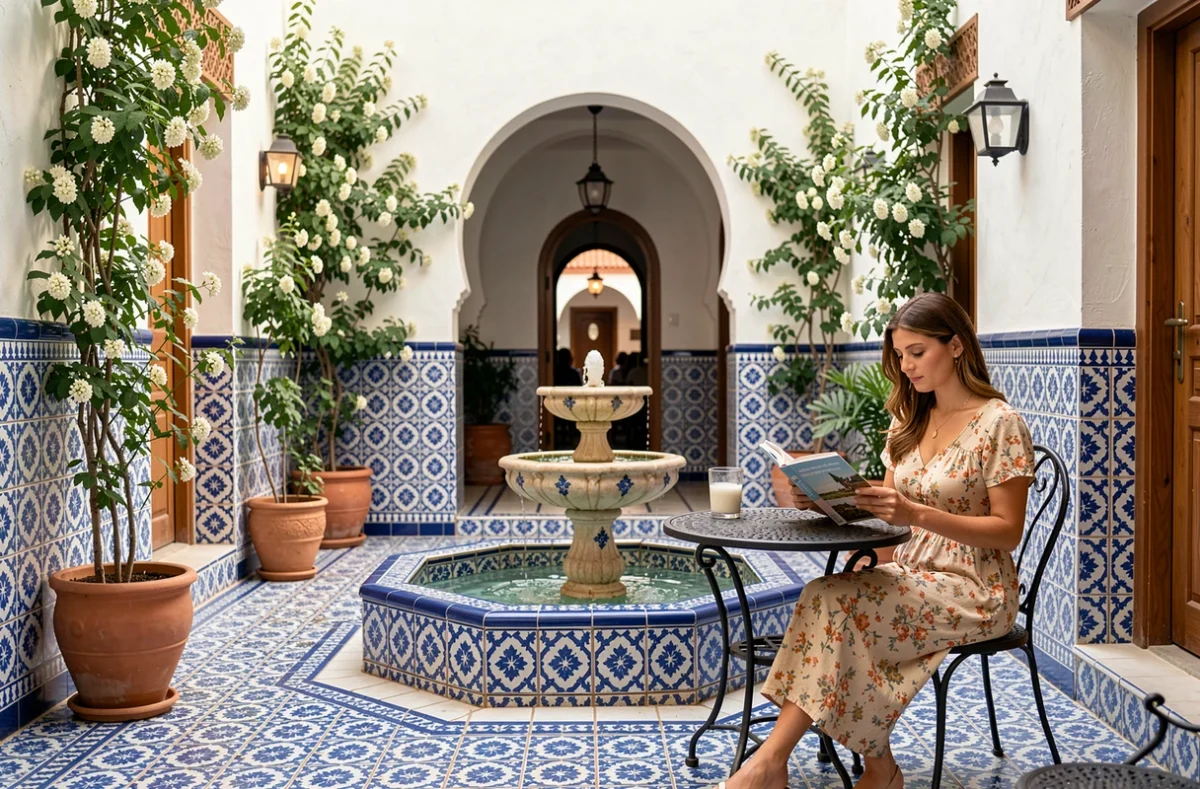 Cour intérieure d'un hôtel boutique de charme à Djerba avec carrelage mosaïque et fontaine traditionnelle tunisienne