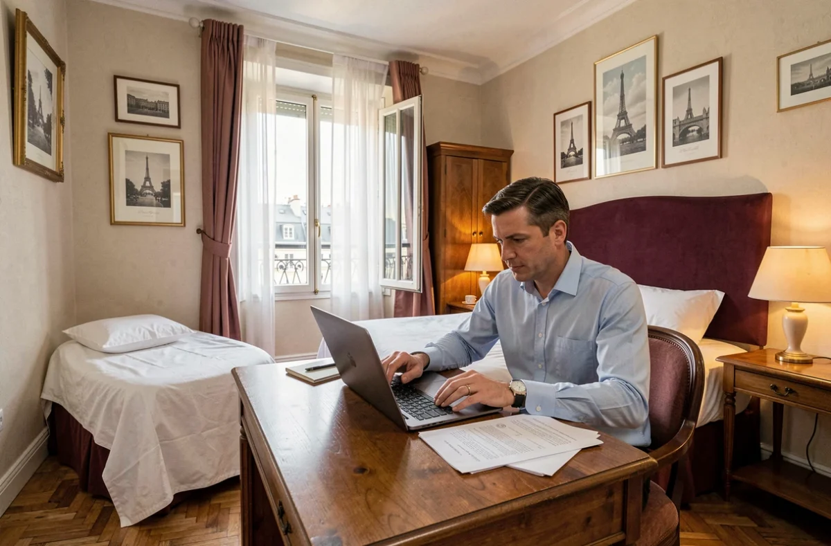 Chambre classique de l'Hôtel Daumesnil-Vincennes avec décor parisien traditionnel et voyageur travaillant sur son ordinateur
