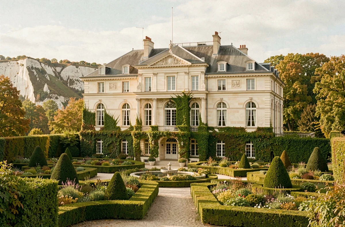 Façade Belle Époque du Domaine Saint Clair à Étretat entourée de jardins soignés avec les falaises en arrière-plan