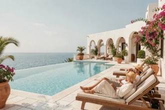 Terrasse de luxe avec piscine à débordement dans un hôtel 5 étoiles de Djerba, couple en villégiature face à la mer Méditerranée