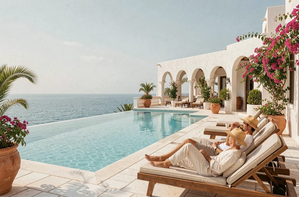 Terrasse de luxe avec piscine à débordement dans un hôtel 5 étoiles de Djerba, couple en villégiature face à la mer Méditerranée