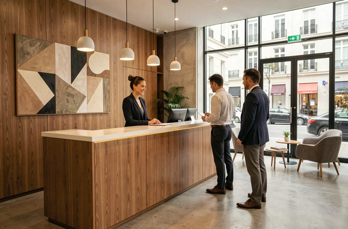 Réception moderne de l'Hôtel Oden Paris Ivry avec personnel accueillant un client dans un lobby contemporain