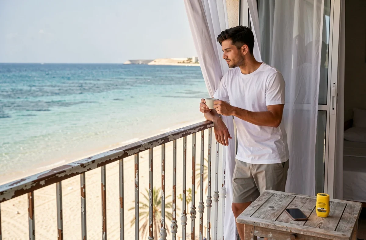 Balcon d'un hôtel économique à Djerba avec vue directe sur la plage de sable blanc et la mer turquoise