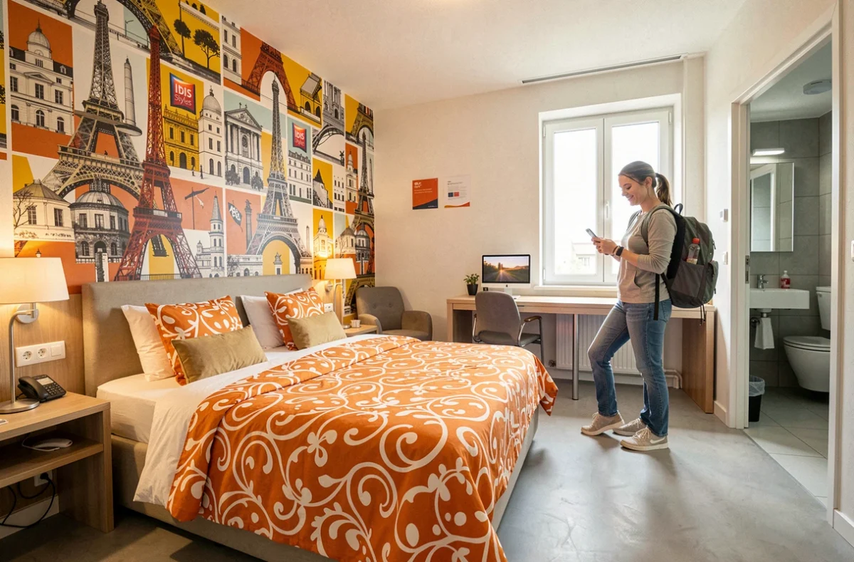 Chambre colorée et moderne de l'ibis Styles Paris Villejuif avec décoration graphique et voyageuse décontractée