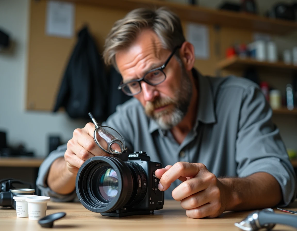 Homme inspectant le joint torique d'un bo&icirc;tier &eacute;tanche d'appareil photo avec une loupe dans un atelier de maintenance plong&eacute;e