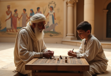 Popularité du senet dans l’Égypte ancienne : histoire et mystères révélés ! Ancien homme egyptien et jeune garçon jouant senet sur un plateau en bois