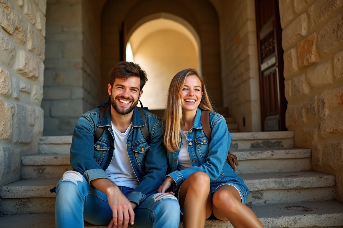 Jeune couple souriant dans le château de Requesens