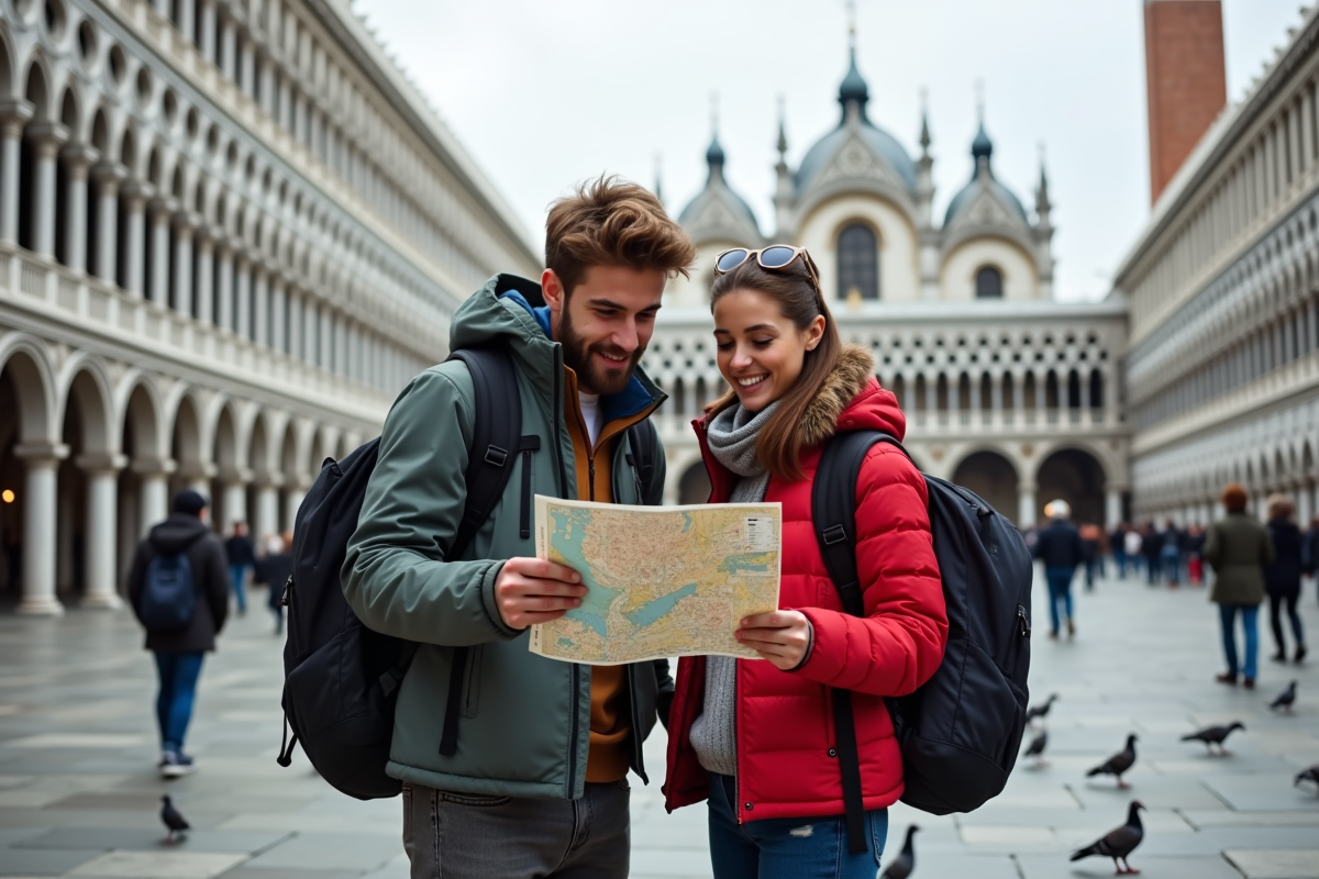 Jeune couple avec carte à Piazza San Marco