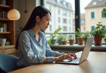 Airbnb : Découvrez le principal concurrent sur le marché de la location saisonnière Jeune femme professionnelle travaillant sur son ordinateur dans un appartement moderne