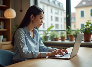 Airbnb : Découvrez le principal concurrent sur le marché de la location saisonnière Jeune femme professionnelle travaillant sur son ordinateur dans un appartement moderne