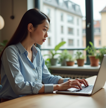 Airbnb : Découvrez le principal concurrent sur le marché de la location saisonnière Jeune femme professionnelle travaillant sur son ordinateur dans un appartement moderne