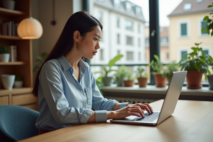 jeune-femme-bureau-laptop Jeune femme professionnelle travaillant sur son ordinateur dans un appartement moderne