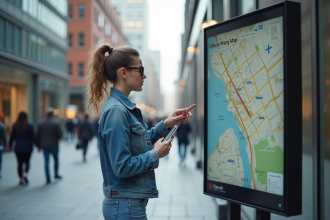 Jeune femme avec smartphone devant une carte urbaine