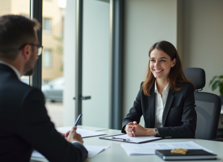 Obtenir un visa : conseils pour réussir votre entretien facilement Jeune femme élégante en entretien de visa dans un bureau moderne