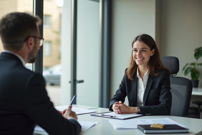 Jeune femme élégante en entretien de visa dans un bureau moderne