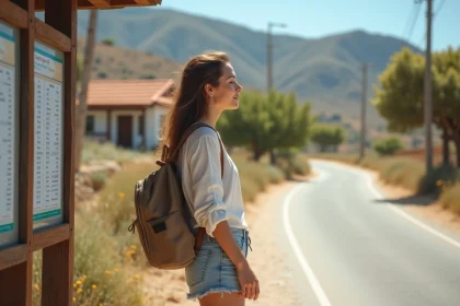 Jeune femme à l'arrêt de bus en Crete avec paysage rural