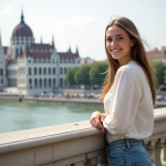 3 jours à Budapest : itinéraire idéal pour découvrir la perle du Danube Jeune femme souriante sur le pont Chain à Budapest avec la Parlement en arrière-plan