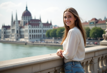 3 jours à Budapest : itinéraire idéal pour découvrir la perle du Danube Jeune femme souriante sur le pont Chain à Budapest avec la Parlement en arrière-plan